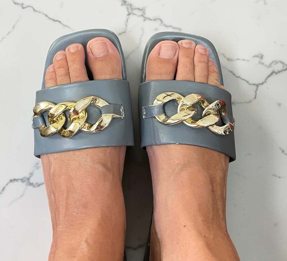 JXXY Square Toe Gold Chain Flat Slide Sandals in Blue
